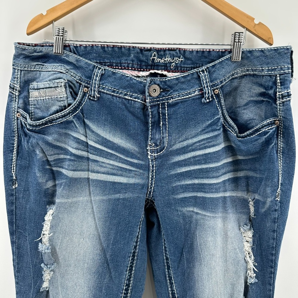 Amethyst Jeans Womens 18 Blue Distressed Denim Thick Stitch Bootcut Whisker Y2K
